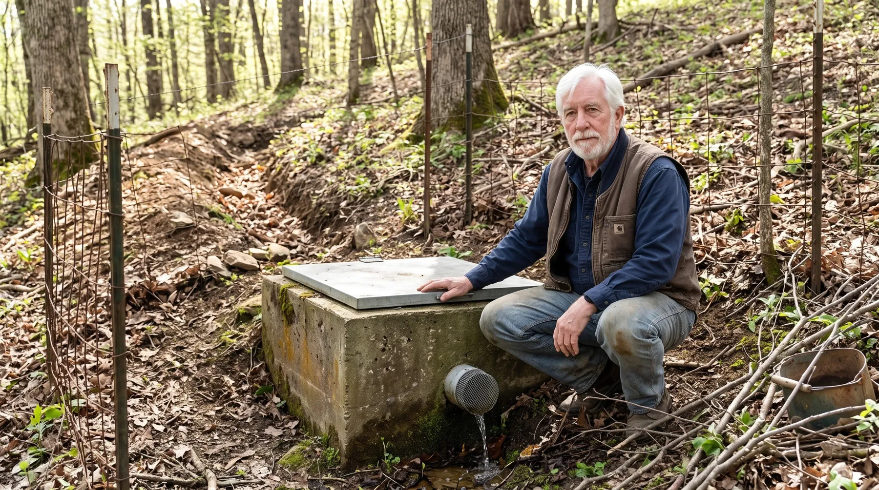 A finished spring box on a wooded hillside