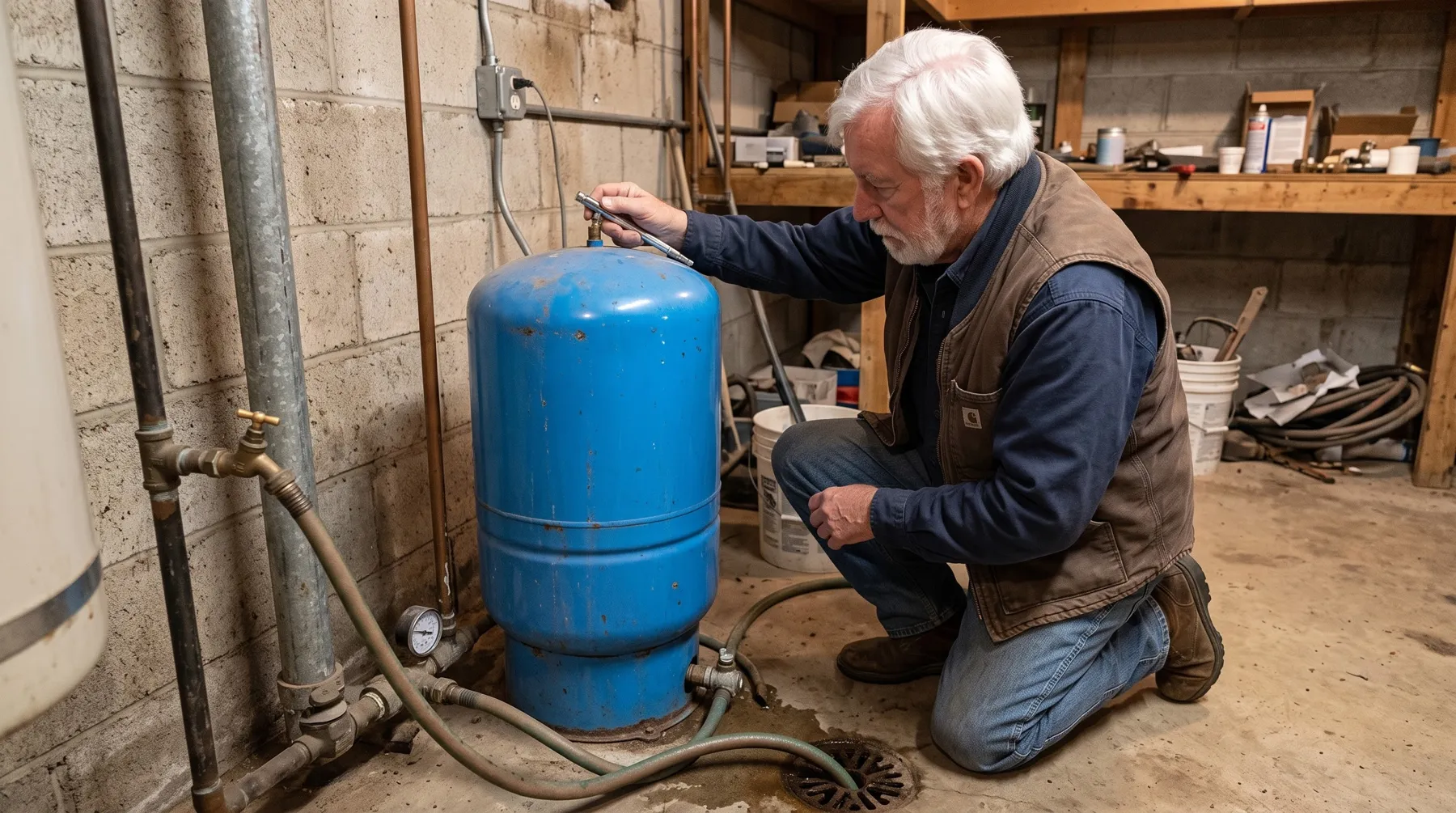 Checking the air charge of a pressure tank